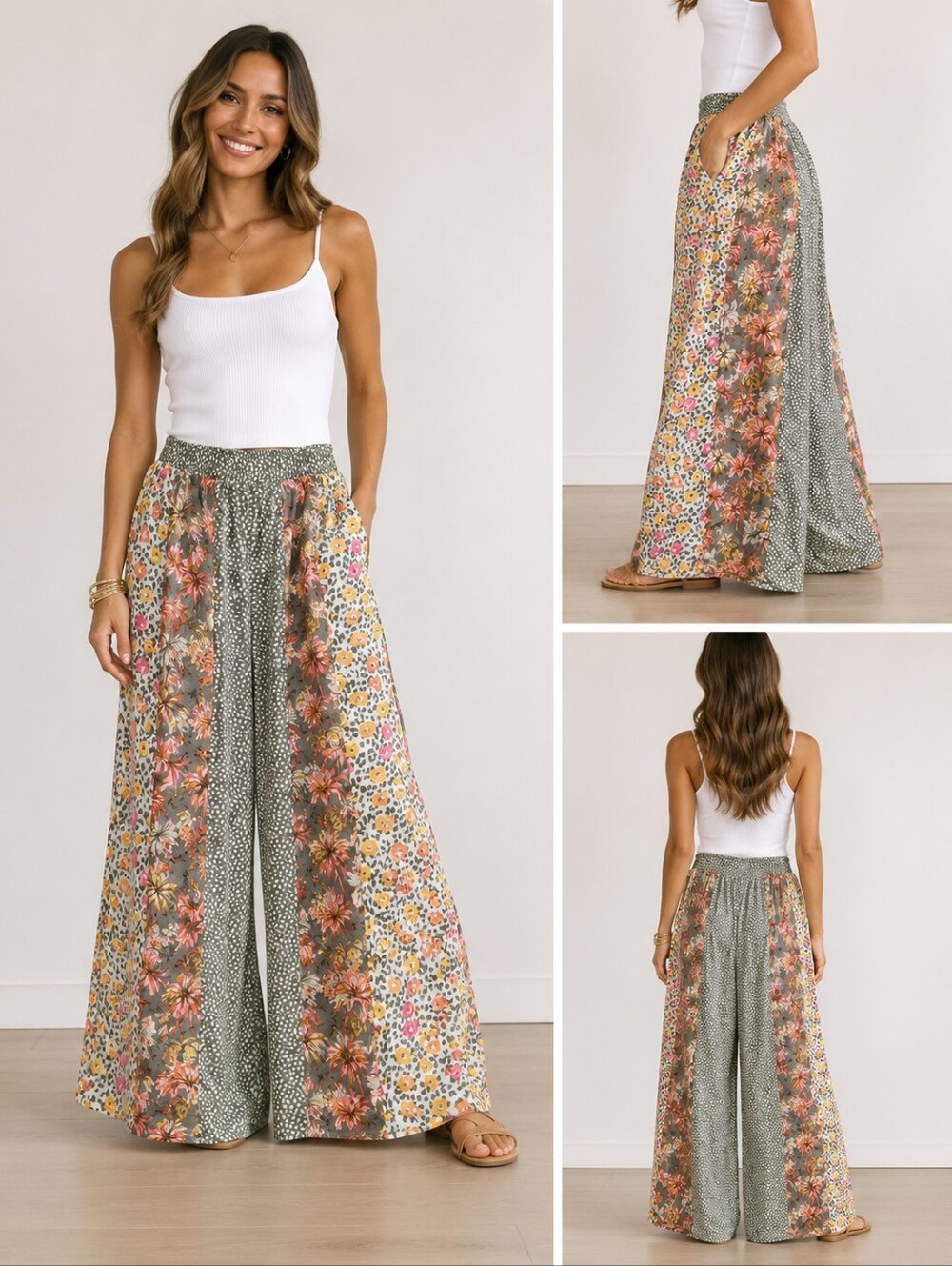 Cato Olive Multi Floral Patchwork Mixed Print Wide Leg Pants